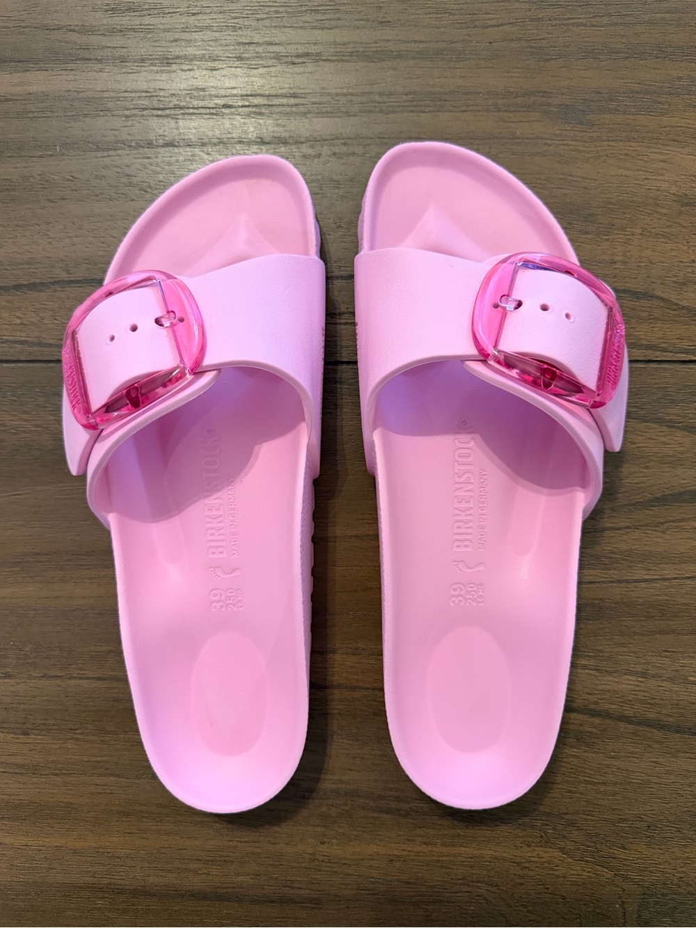 Birkenstock Pink EVA Slide Sandals with Transparent Pink Buckle